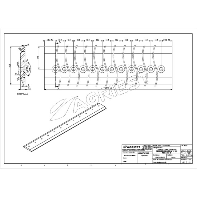 Contre Lame 203X25 LG 1800 400HB 12 TRS pour VIS TFØ18 EA 153 référence fournisseur 453555